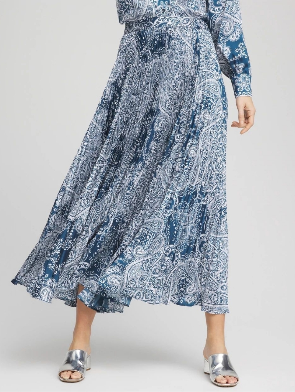 Chico's Faux Silk Tile Print Micropleated Midi Skirt In L - Picture 2 of 11